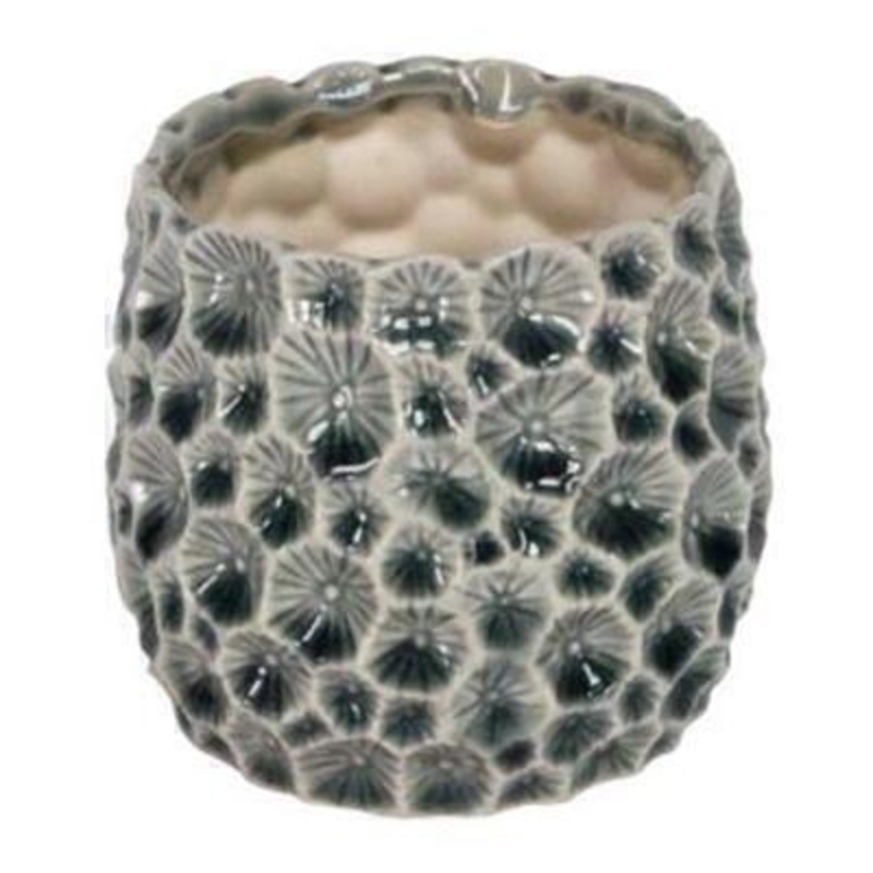 Vintage style grey glazed ceramic flower pot cover with textured design by Gisela Graham. Perfect for complementing your potted plants. Size 11x10.5x11cm